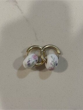 Gold Hoop Earrings with White Floral Ceramic Beads